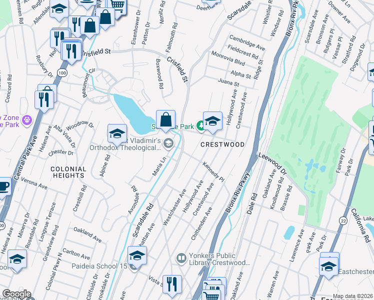 map of restaurants, bars, coffee shops, grocery stores, and more near 275 Manhattan Avenue in Yonkers