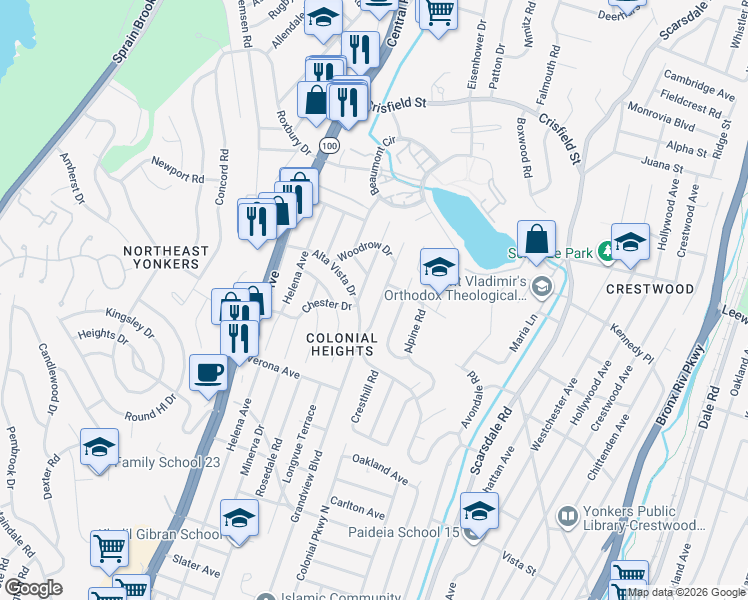 map of restaurants, bars, coffee shops, grocery stores, and more near 337 Grandview Boulevard in Yonkers