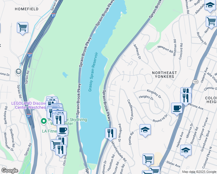 map of restaurants, bars, coffee shops, grocery stores, and more near 600 East Grassy Sprain Road in Yonkers