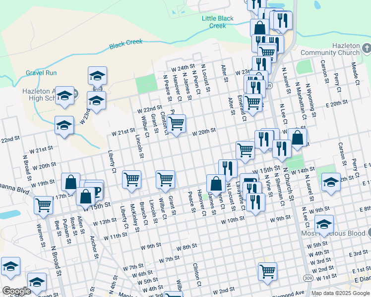 map of restaurants, bars, coffee shops, grocery stores, and more near 903 Peace Street in Hazleton