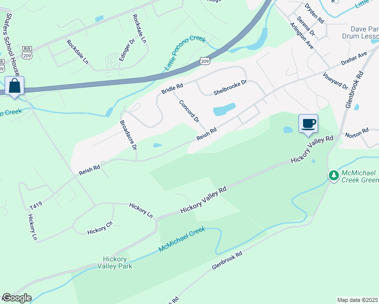 map of restaurants, bars, coffee shops, grocery stores, and more near 1565 Reish Road in Stroudsburg