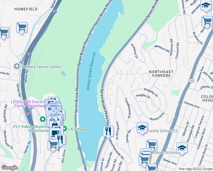 map of restaurants, bars, coffee shops, grocery stores, and more near 600 East Grassy Sprain Road in Yonkers