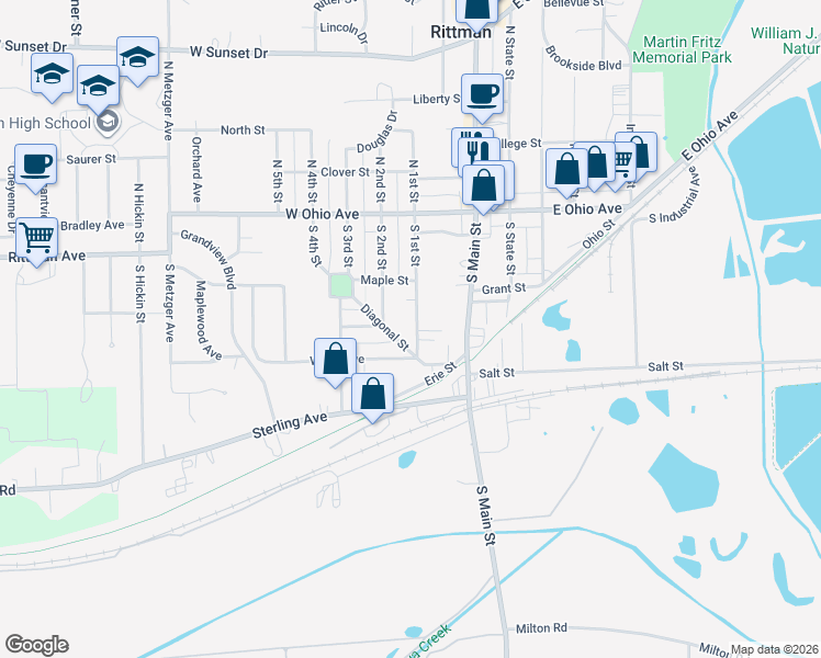 map of restaurants, bars, coffee shops, grocery stores, and more near 14 South 2nd Street in Rittman