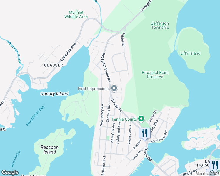 map of restaurants, bars, coffee shops, grocery stores, and more near 22 Prospect Point Road in Jefferson