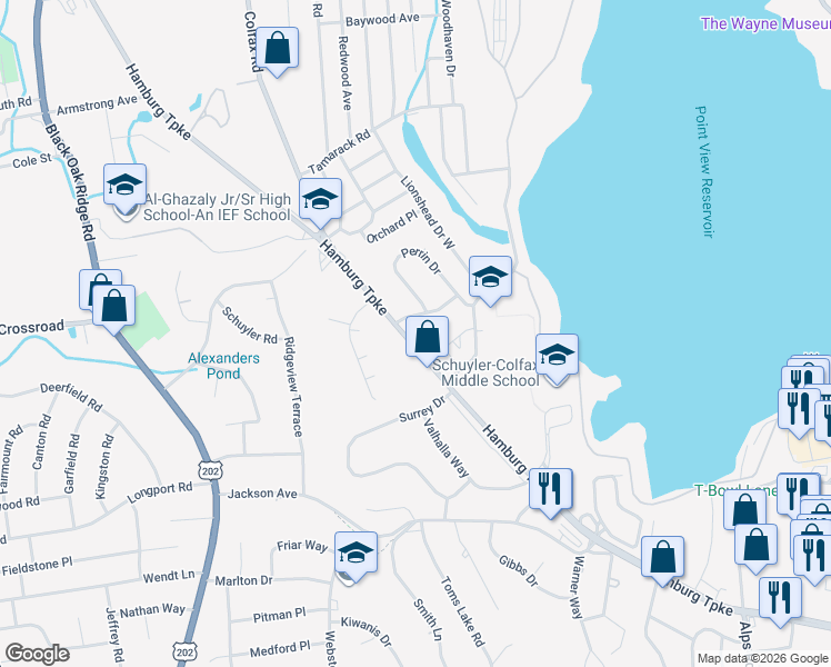 map of restaurants, bars, coffee shops, grocery stores, and more near 16 Van Riper Road in Wayne