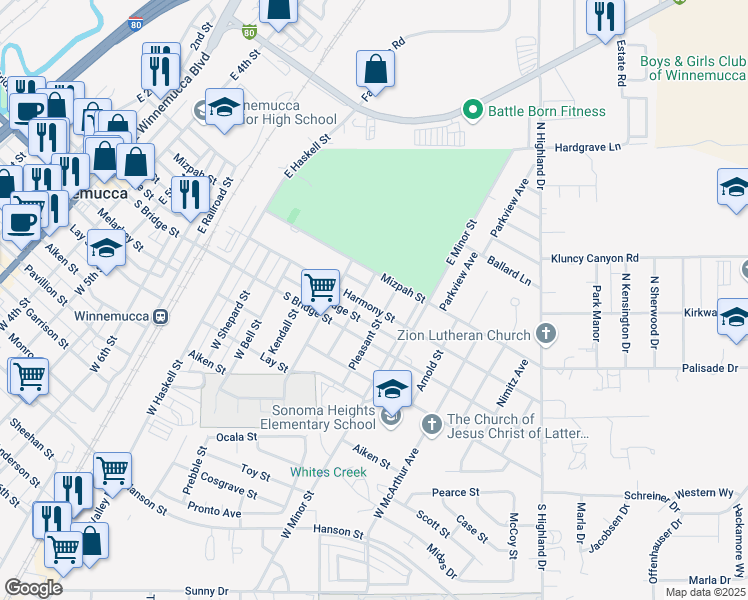 map of restaurants, bars, coffee shops, grocery stores, and more near 1339 Harmony Street in Winnemucca