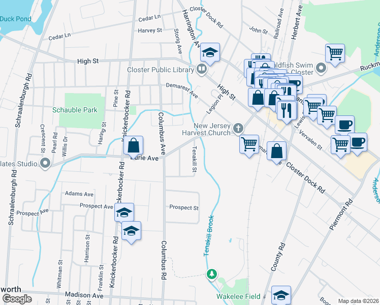 map of restaurants, bars, coffee shops, grocery stores, and more near 22 Tenakill Street in Closter