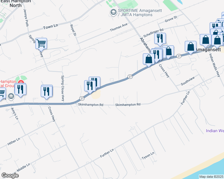 map of restaurants, bars, coffee shops, grocery stores, and more near 514 Pantigo Road in Amagansett