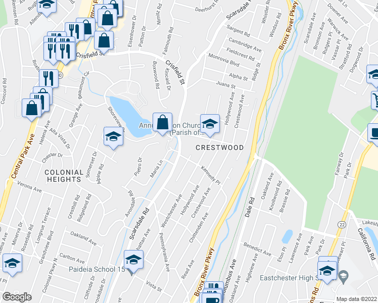 map of restaurants, bars, coffee shops, grocery stores, and more near 275 Manhattan Avenue in Yonkers