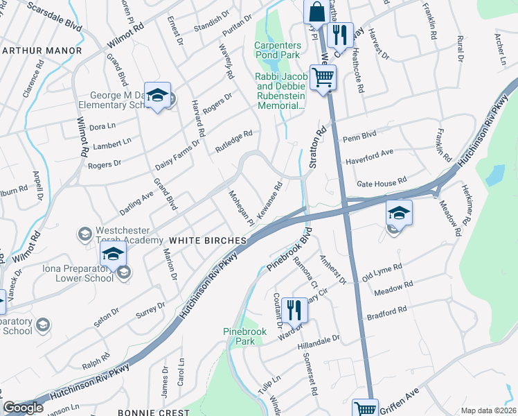 map of restaurants, bars, coffee shops, grocery stores, and more near 76 Kewanee Road in New Rochelle