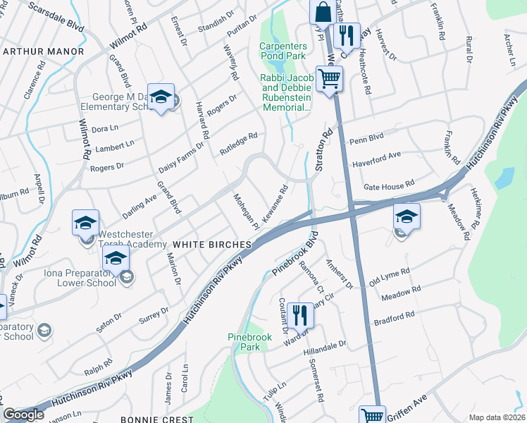 map of restaurants, bars, coffee shops, grocery stores, and more near 76 Kewanee Road in New Rochelle