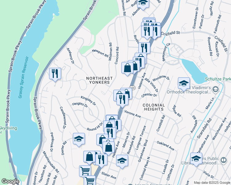 map of restaurants, bars, coffee shops, grocery stores, and more near 357 Concord Road in Yonkers
