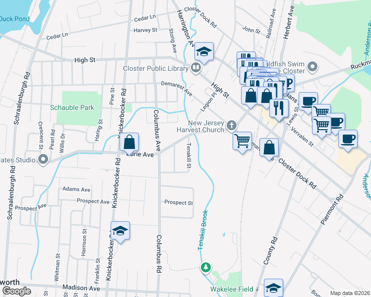 map of restaurants, bars, coffee shops, grocery stores, and more near 22 Tenakill Street in Closter