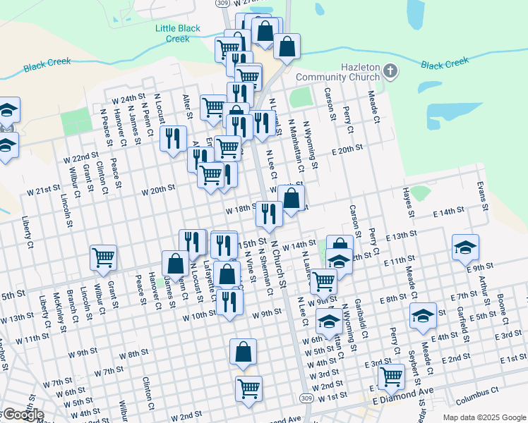 map of restaurants, bars, coffee shops, grocery stores, and more near 199 W 17th St in Hazleton