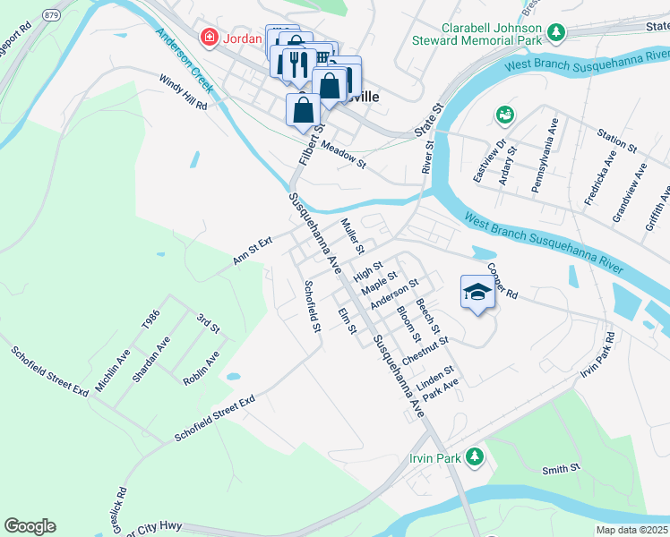 map of restaurants, bars, coffee shops, grocery stores, and more near 599 Schofield St in Curwensville