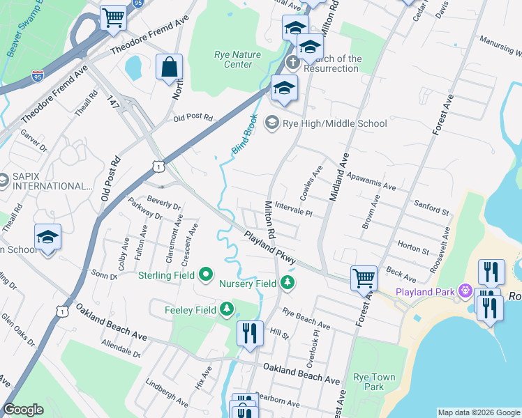 map of restaurants, bars, coffee shops, grocery stores, and more near 306 Milton Road in Rye