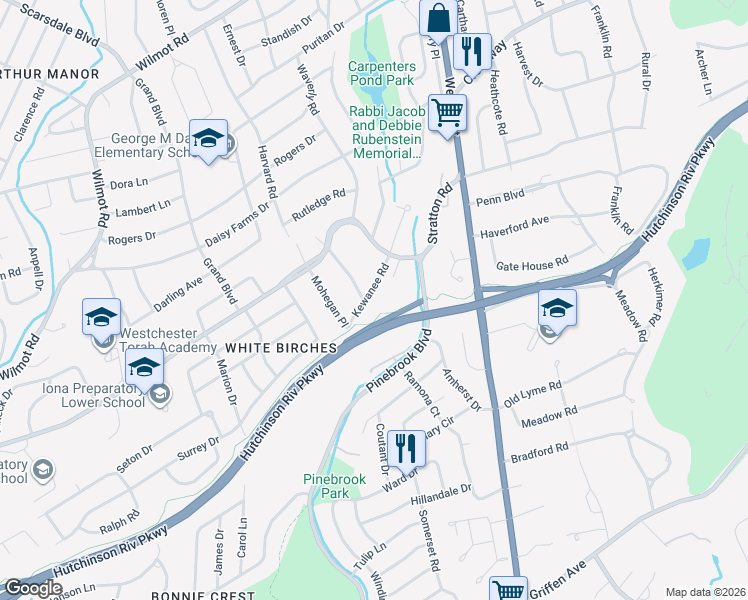 map of restaurants, bars, coffee shops, grocery stores, and more near 76 Kewanee Road in New Rochelle
