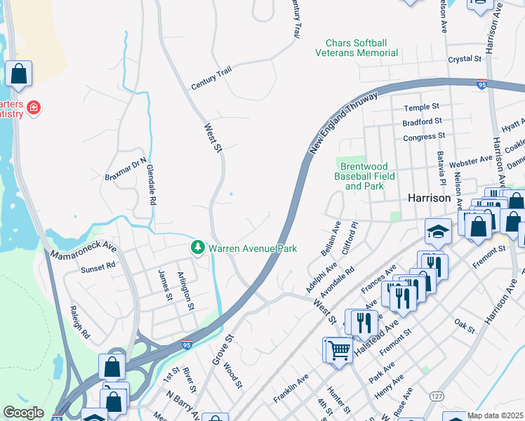 map of restaurants, bars, coffee shops, grocery stores, and more near 15 Westwood Drive in Harrison