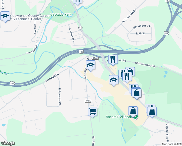 map of restaurants, bars, coffee shops, grocery stores, and more near 2501 Old Pittsburgh Road in New Castle