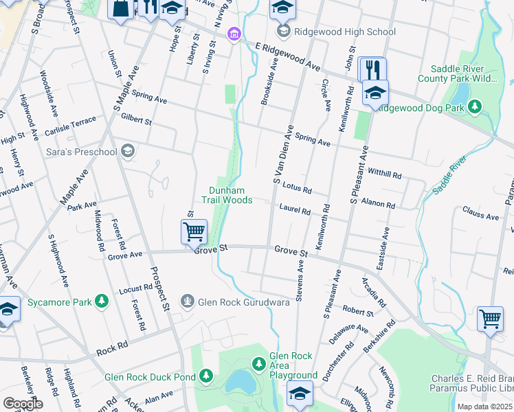 map of restaurants, bars, coffee shops, grocery stores, and more near 304 South Van Dien Avenue in Ridgewood