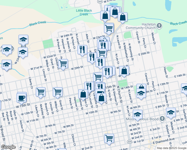 map of restaurants, bars, coffee shops, grocery stores, and more near 872 Alter Street in Hazleton