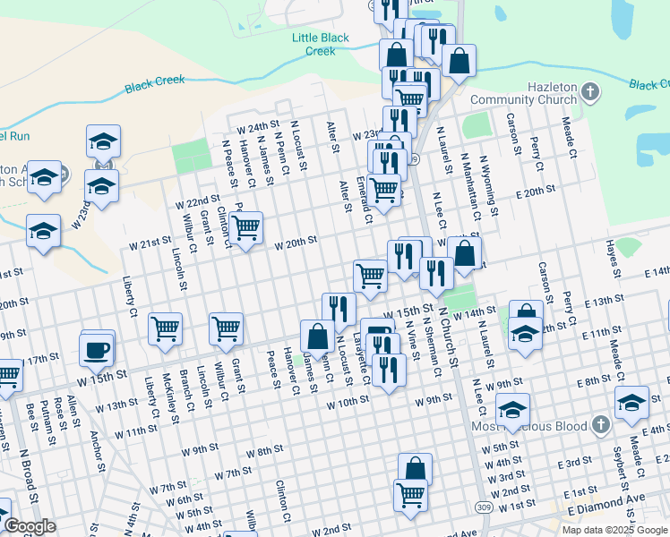 map of restaurants, bars, coffee shops, grocery stores, and more near 872 Alter Street in Hazleton