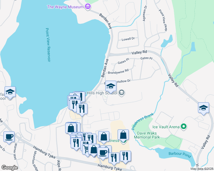 map of restaurants, bars, coffee shops, grocery stores, and more near 32 Pancake Hollow Drive in Wayne
