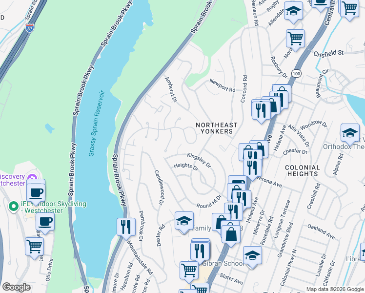 map of restaurants, bars, coffee shops, grocery stores, and more near 89 Oval Court in Yonkers