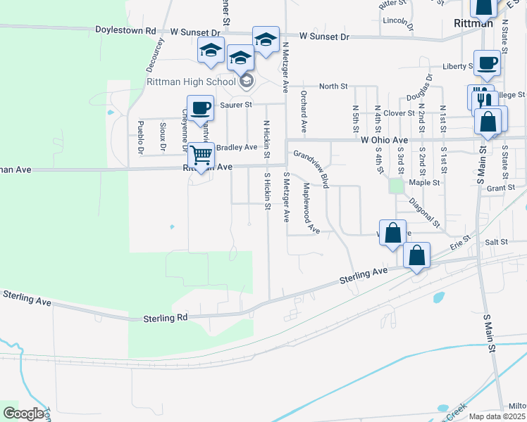 map of restaurants, bars, coffee shops, grocery stores, and more near 117 South Hickin Avenue in Rittman