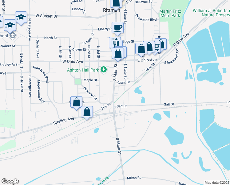 map of restaurants, bars, coffee shops, grocery stores, and more near 120 South Main Street in Rittman