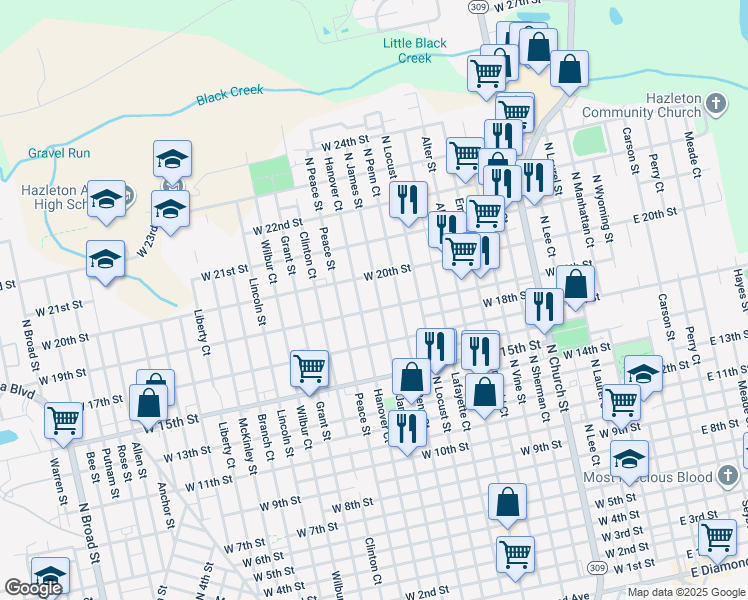 map of restaurants, bars, coffee shops, grocery stores, and more near 904 North James Street in Hazleton