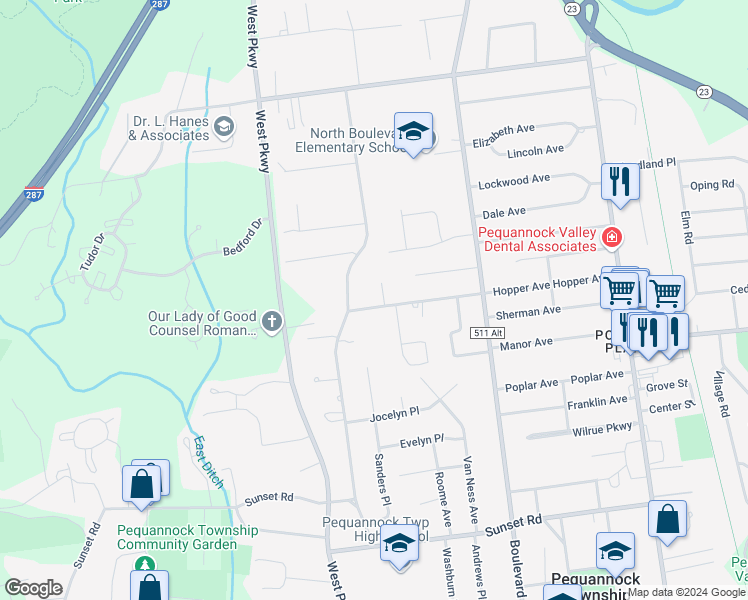 map of restaurants, bars, coffee shops, grocery stores, and more near 1 Dorothy Lane in Pequannock Township