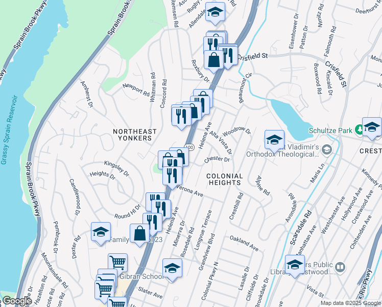 map of restaurants, bars, coffee shops, grocery stores, and more near 2092 Central Park Avenue in Yonkers