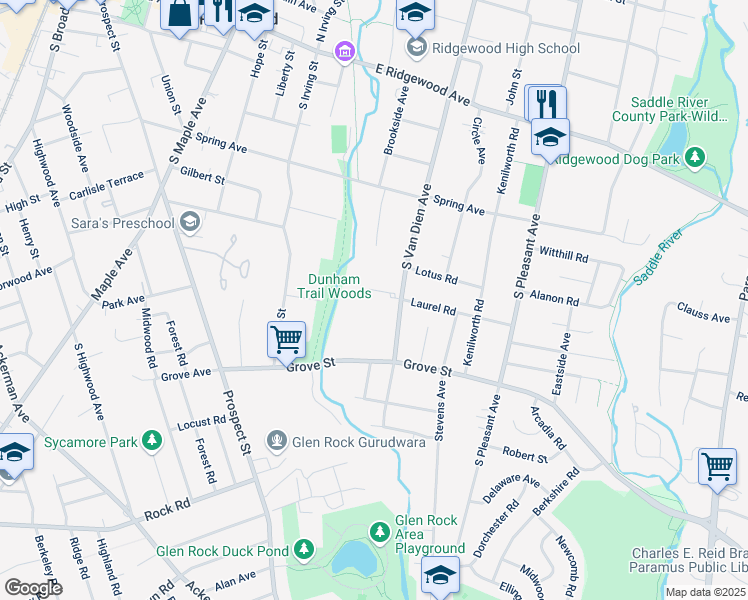 map of restaurants, bars, coffee shops, grocery stores, and more near 304 South Van Dien Avenue in Ridgewood