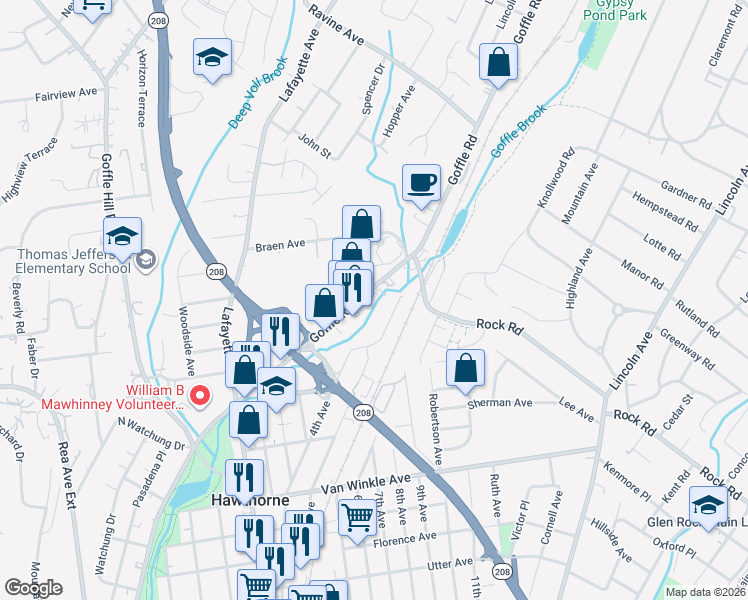 map of restaurants, bars, coffee shops, grocery stores, and more near 1135 Goffle Road in Hawthorne