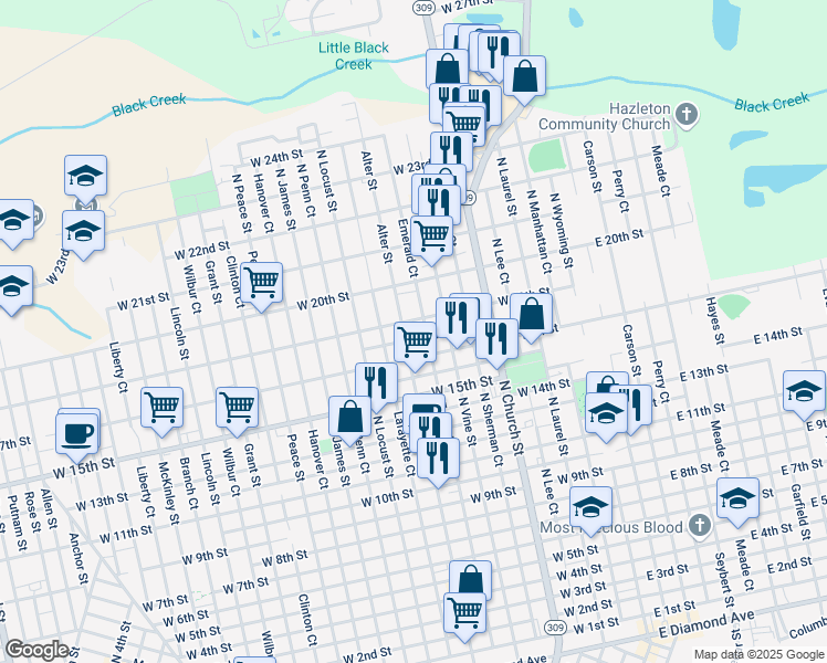 map of restaurants, bars, coffee shops, grocery stores, and more near 874 Emerald Court in Hazleton