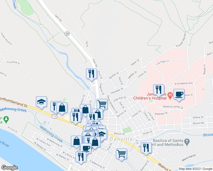 map of restaurants, bars, coffee shops, grocery stores, and more near 1538 First Street in Danville