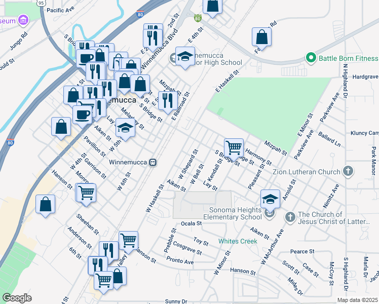 map of restaurants, bars, coffee shops, grocery stores, and more near 835 Melarkey Street in Winnemucca