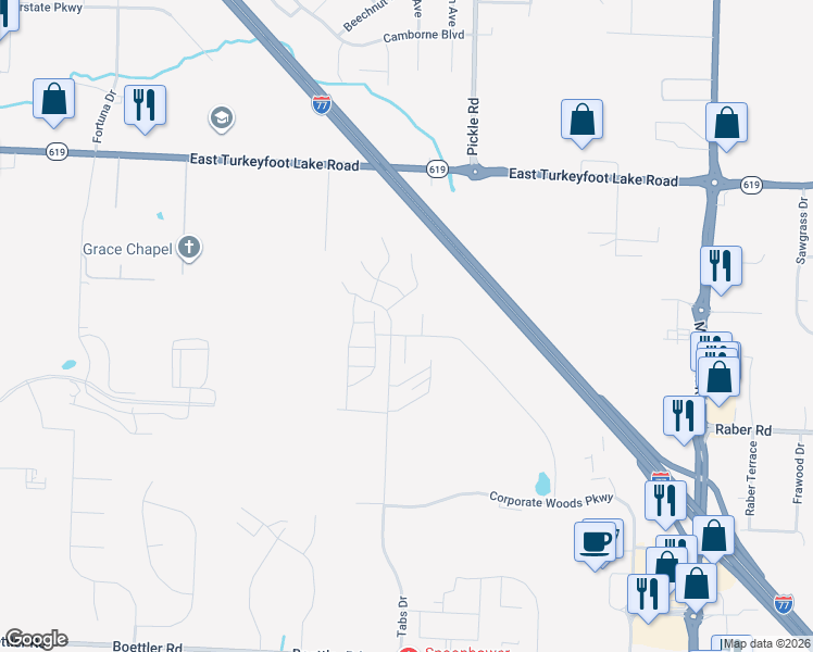 map of restaurants, bars, coffee shops, grocery stores, and more near 3447 Forest Lake Drive in Uniontown