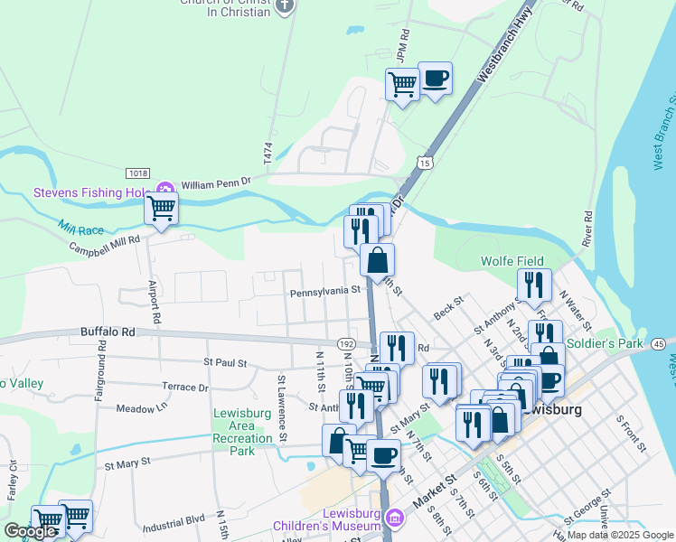 map of restaurants, bars, coffee shops, grocery stores, and more near 623 Matlack Ave in Lewisburg