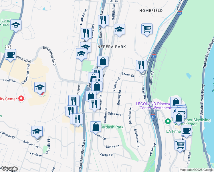 map of restaurants, bars, coffee shops, grocery stores, and more near 173 Bretton Road in Yonkers
