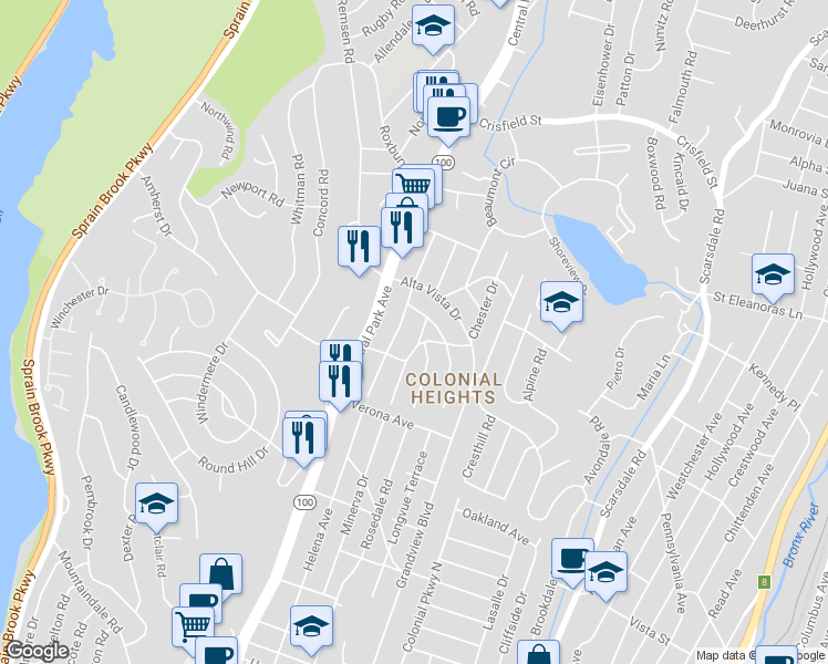 map of restaurants, bars, coffee shops, grocery stores, and more near 7 West C Handy Place in Yonkers
