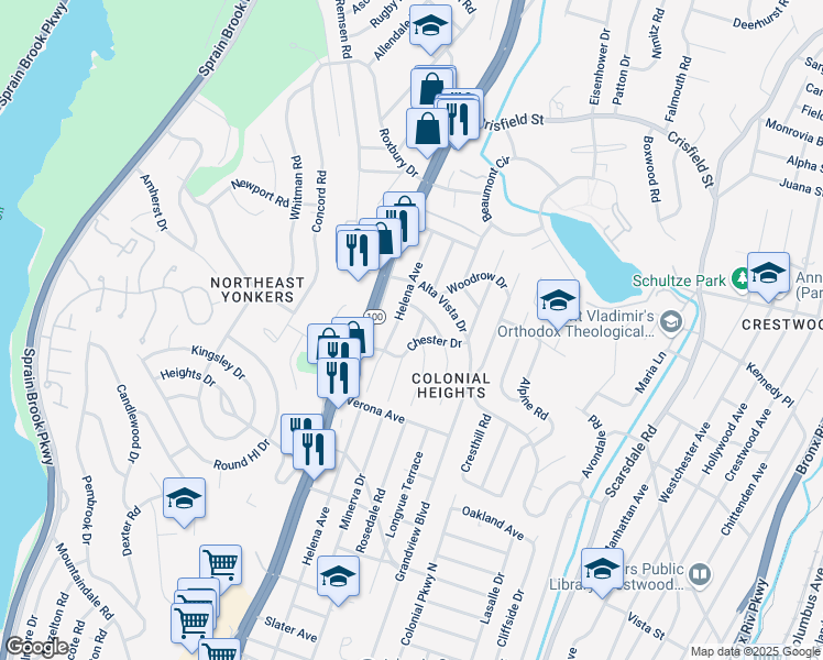 map of restaurants, bars, coffee shops, grocery stores, and more near 7 West C Handy Place in Yonkers