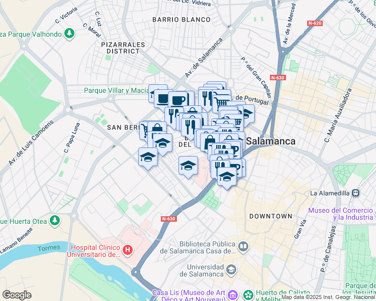map of restaurants, bars, coffee shops, grocery stores, and more near Calle Edison in Salamanca