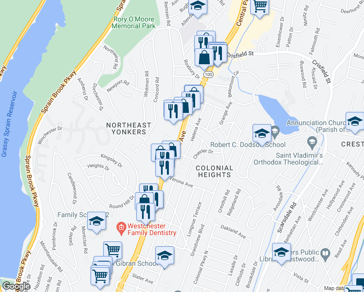 map of restaurants, bars, coffee shops, grocery stores, and more near 2092 Central Park Avenue in Yonkers