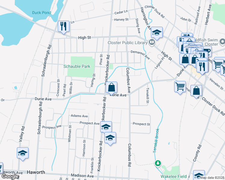 map of restaurants, bars, coffee shops, grocery stores, and more near 293 Durie Avenue in Closter