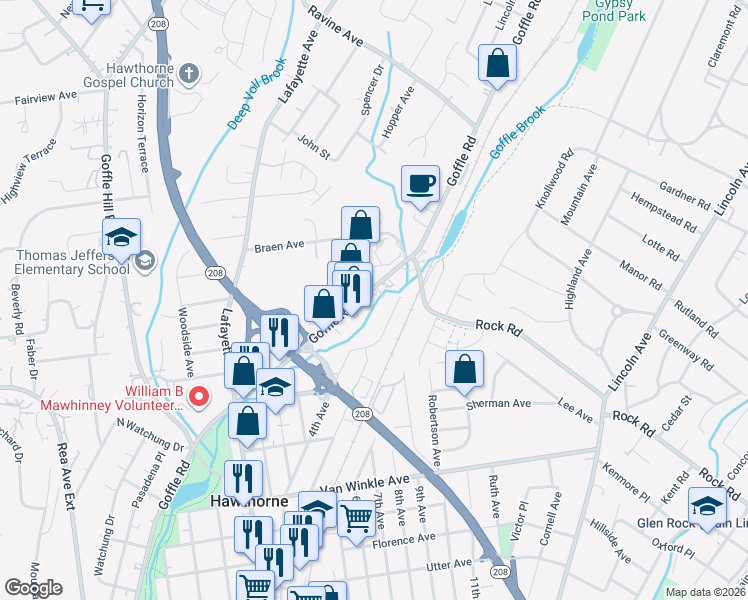 map of restaurants, bars, coffee shops, grocery stores, and more near 1135 Goffle Road in Hawthorne