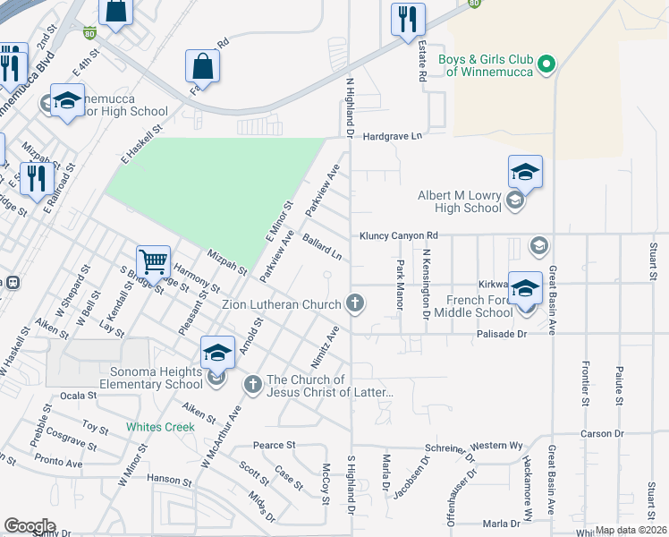 map of restaurants, bars, coffee shops, grocery stores, and more near 28 Twyila Court in Winnemucca