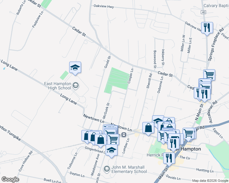map of restaurants, bars, coffee shops, grocery stores, and more near 54 Mcguirk Street in East Hampton