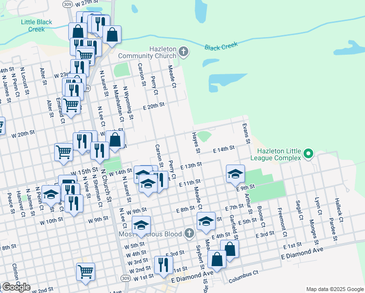 map of restaurants, bars, coffee shops, grocery stores, and more near 817 Seybert Street in Hazleton
